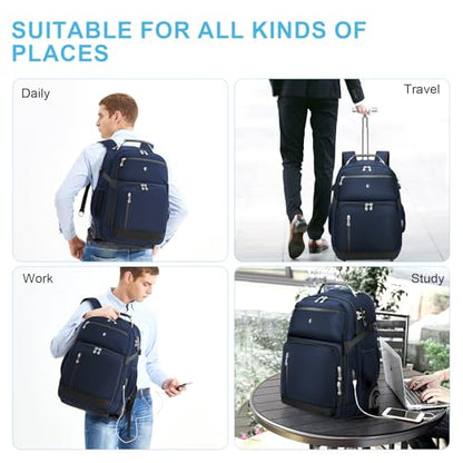 Backpack with wheels,rolling backpack with 2 Packing Cubes,compression bags for travel,Water-Resistant Carry-On Luggage,Business and Commuting (Blue) - color: Blue
