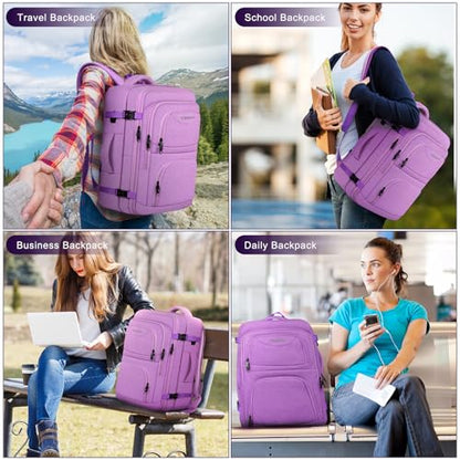 Large Travel Backpack, Laptop Backpack for women, Expandable 52L Carry On Backpack, TSA Water Resistant Weekender 18.4 Inch Laptop Backpack, Anti Theft Business Computer Bag with Port, Purple - color: Purple
