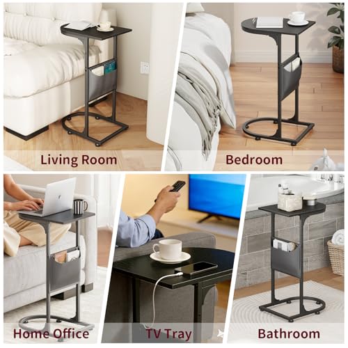 C Shaped End Table, Small Side Table for Couch, C Table that Slides Under Sofa with Storage Bag, TV Tray Table for Recliner, Living Room, Bedside, Bedroom, Small Spaces, Black - color: Classic Black