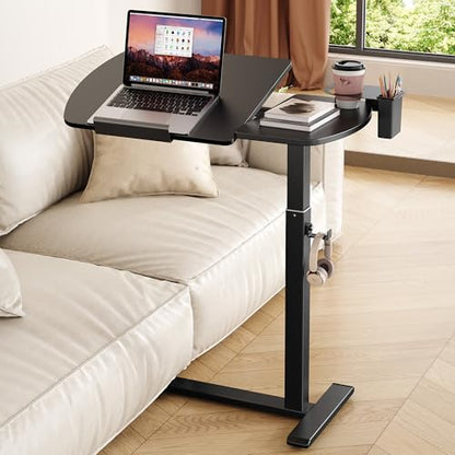 Overbed Bedside Table with Wheels, Black | Pneumatic Adjustable, Tilting Desktop, Cup Holder/Pen Holder/Hook, Mobile Standing Desk, For Bed/Sofa/Hospital Use - color: Black