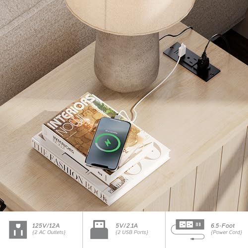 WAMPAT Beige End Table with Charging Station, Narrow Side Table with 1 Drawer &1 Storage Cabinet, Mid Century Modern Nightstand with Power Outlets & USB Ports for Living Room, Bedroom - color: Beige