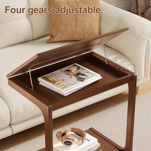 AQIMUELE Wooden C-Shaped End Table,Couch Table with Adjustable Desktop,Small Rolling Side Table with 2 Lockable Wheels 23.6" Width,Small End Table for Couch, Living Room,Bedroom (Walnut) - color: Walnut, size: 15.6"D x 23.6"W x 24.8"H, style: Modern 2 Tie