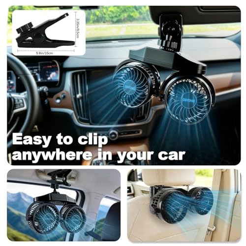 6000mAh Battery Powered Clip Car Fans, 3-Speed Dual Head Clip Car Cooling Fan for Backseat, Independent Switches, 360° Quiet Rotatable Rechargeable Fans with USB Plug for SUV Truck Golf Stroller