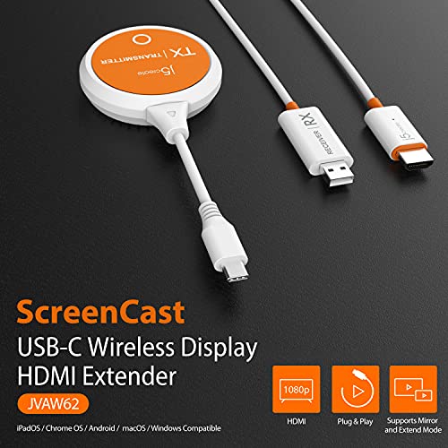 j5create ScreenCast USB-C to HDMI Wireless Display Transmitter and Receiver | Supports 1080p, Suitable for iPhone15, MacBook, iPad Pro, Chromebook, USB-C Laptops, and Android (JVAW62)