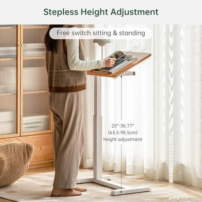 Height Adjustable Bedside Desk, 100% Solid Wood Overbed Table with Wheels, Rolling Laptop Table for Home, Office, Study, Bedroom - color: Natural-oak Wood Flip Panel, size: 27"W