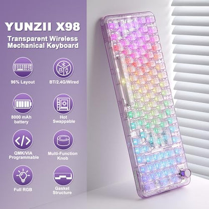 YUNZII X98 Wireless Mechanical Keyboard with Knob (Purple, Snow Switch) | BT5.0/USB-C/2.4GHz,1800 Layout with Number Pad,Pre-lubed Switches Gasket Mount ,Clear Keyboard with RGB for Wins/Mac/Gaming - color: Purple, size: Snow Switch