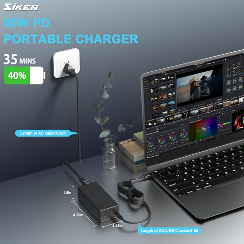 SiKER 65W USB-C Laptop Charger for Lenovo ThinkPad | X1 Carbon, X13, T14, T14s, E14, L15, Yoga 7i/9i, C930, ThinkBook 13s/14/15/16, Chromebook C330/S330, travel design - color: black7