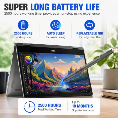 Active Pen for Dell 2-in-1 Touchscreen Laptop, MPP Stylus, Palm Rejection | 1024 Pressure Level, Palm Rejection, Dual Shortcut Buttons, 2500-Hour Battery for Inspiron 5379/7586, Latitude 3190/3390/7230 - color: Black