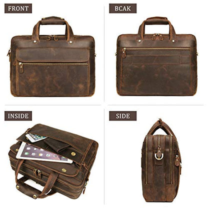 Leather Briefcase for Men, 15.6 Inch Laptop Business Travel Bag | 100% Full Grain Leather | YKK Zipper | Fits 15.6" Laptop | 8 Card Slots + 3 Pen Sleeves | Detachable Strap & Trolley Sleeve - color: Brown