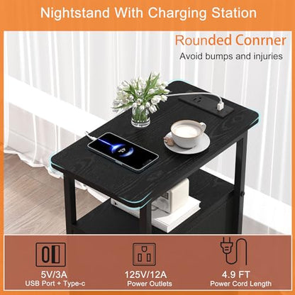 sthmec Narrow End Table with Charging Station, Narrow Side Table with 2 Fabric Drawers, Slim Nightstand, Skinny Bedside Table, Small Side Table for Small Spaces, Living Room, Bedroom, Black - color: Black, size: 7.87'' W x 15.75'' D x 24.37'' H, style: Po