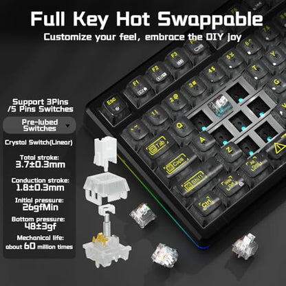 Aula F98Pro V3 Wireless Mechanical Keyboard with Screen & Knob,Tri-Mode Hot Swappable Computer Keyboards,10000mAh Battery,Clear Keycaps RGB Backlit Gasket Mount Black Gaming Keyboard for PC/Office - color: Black