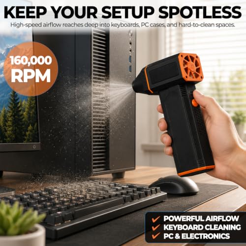 Electric Air Duster | 160,000 RPM Brushless Motor Jet Fan | Cordless Rechargeable Compressed Air Blower for PC, Keyboard, and Car Detailing (Black)