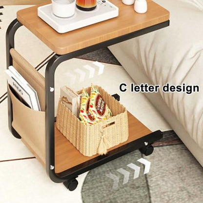 Over Bed Table with Wheels Movable Sofa Side Table with Storage Pockets Space-Saving C-Shaped Side Table with Solid Wood Tabletop for Living Room, Bedroom(White) - color: White