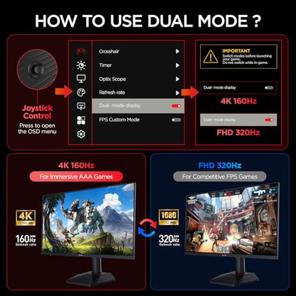KOORUI 27" 4K Gaming Monitor - Dual Mode UHD 160Hz or FHD 320Hz, Fast IPS 1ms, FreeSync Premium & G-SYNC Compatible, HDMI 2.1/DP 1.4, HDR400, Height/Pivot/Tilt Adjustable, PC & Console Ready, G2741L - size: 27" Dual Mode (4K 160Hz / FHD 320Hz)