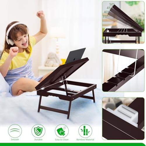 Bamboo Bed Tray Table with Foldable Legs & Ergonomic Handle, 17x12in Breakfast Tray for Eating, Laptop Desk, Sofa Snacking, Non-Slip Surface (Mahogany) - color: Mahogany