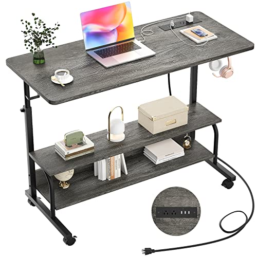 39" Rolling Standing Desk with Charging Station for Couch Bed | Height Adjust 27.5-41", 2 AC/3 USB, Mobile 4 Lockable Wheels, 2-tier Shelves Hook, Safe Corner Fast Assembly - color: Grey Oak, size: 39''
