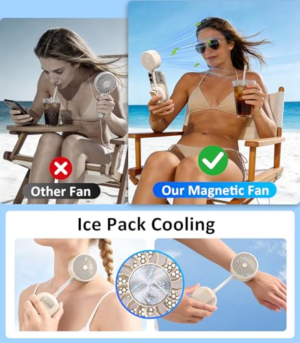 Magnetic Phone Fan with Ice Cooling, 3-in-1 Clip on Fan | Phone Stand, Rechargeable Mini Handheld Fan, 360° Flexible Gooseneck Portable Fan for Cruise Travel Desk Gym Makeup（Beige） - color: Beige