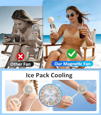 Magnetic Phone Fan with Ice Cooling, 3-in-1 Clip on Fan | Phone Stand, Rechargeable Mini Handheld Fan, 360° Flexible Gooseneck Portable Fan for Cruise Travel Desk Gym Makeup（Beige） - color: Beige