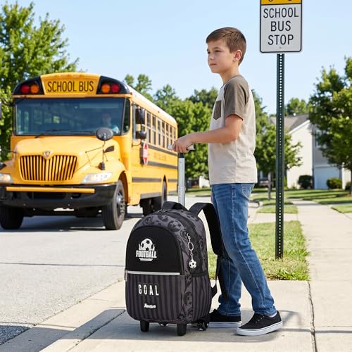 Kids Rolling Backpack for Boys 16.5" School Roller Backpack with Lunch Box, Toddler Backpacks with Wheels Rollig Wheeled Backpacks for Elementary School - color: Black Football