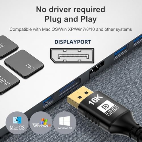 chenyang USB C to 80Gbps DisplayPort 2.1 Cable Supports 16K@30Hz with DSC, 10K@60Hz, 8K@60Hz, 4K@240/165/144Hz, 2K@240/165/120Hz 6.56FT - style: DisplayPort 8K