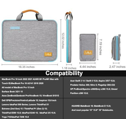 Laptop Case 15.6 Inch Briefcase Military-Grade Protection with Detachable Belt Bag, Compatible All Model of 15-16 Inch MacBook Pro and Most Popular 15.6 Inch Notebooks Chromebooks (Gray&Blue) - color: Gray&blue