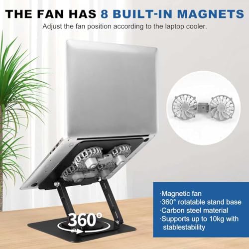 Laptop Cooling Stand with 2 Detachable Fans, 360° Rotating Adjustable Laptop Stand, Carbon Steel Ergonomic Laptop Riser, Anti-Slip Base for 10-17.3" Notebook MacBook, Office Home Gaming - color: Black