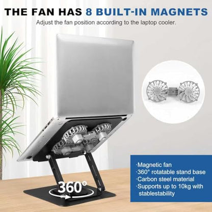 Laptop Cooling Stand with 2 Detachable Fans, 360° Rotating Adjustable Laptop Stand, Carbon Steel Ergonomic Laptop Riser, Anti-Slip Base for 10-17.3" Notebook MacBook, Office Home Gaming - color: Black