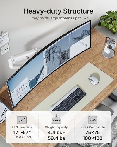 monTEK Heavy Duty Monitor Arm, 17-57" Ultrawide, Gas Spring, 59.4 lbs，White | Desk Monitor Mount Holds 49" 57" Ultrawide Curved Screen Up to 59.4 lbs with No Sag,Clamp & Grommet Arm,75/100 VESA - color: White, size: without USB