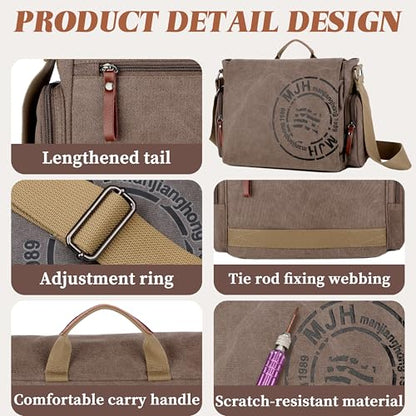 FSD.WG Satchel Messenger Bag for Men Canvas,Travel Shoulder bag 13.5" Laptop Bags - color: Brown