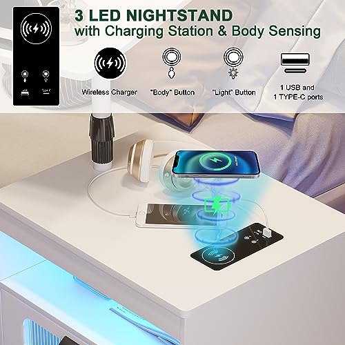 HNEBC LED Nightstand Set of 2 with Charging Station & Adjustable Overbed Desk, 3 Color LED Lights & Body Sensor, Mobile Bedside Table with Wheels, 2 Drawers & Open Shelf for Bedroom(White) - color: 9603-2-white