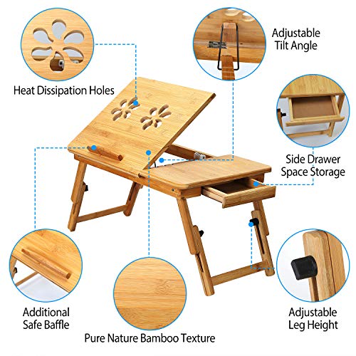 Bamboo Laptop Desk Breakfast Serving Bed Tray Foldable Leg Multi-Position Adjustable Tilt Surface Bed Lap Tray with Side Storage Drawer for Work Study Reading Eating Food
