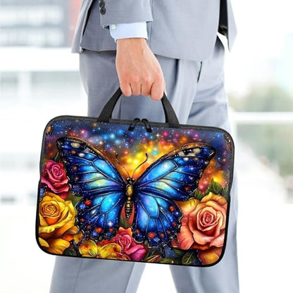 10 inch Laptop Sleeve with Laptop Skin Sticker Set – Slim Protective Case with Smooth Zipper, Lightweight Tablet & Notebook Sleeve for Travel & Daily Carry, Rose Blue Butterfly - color: Rose Blue Butterfly, size: 10 inch