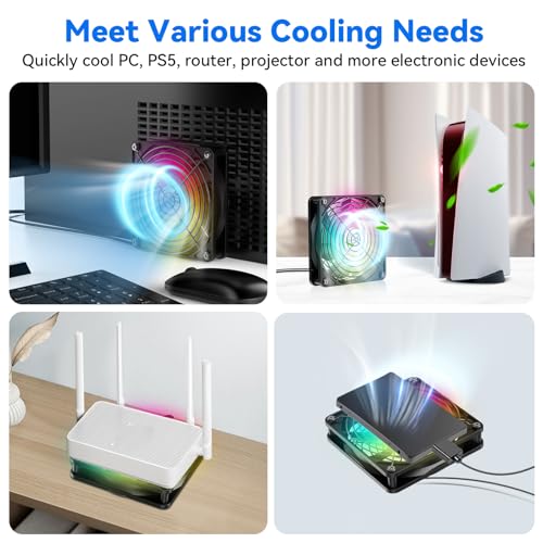 ELUTENG USB Computer Cooling Fan with 7 Color RGB Lighting, 3 Speed Controller 1100/1300/1500 RPM Small Exhaust Fan High Airflow Cooling Fan for Router Modem Receiver DVR PlayStation Xbox TV Box