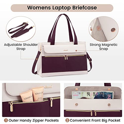 LOVEVOOK Laptop Bag Women 15.6 Inch Laptop Tote Professional Leather Computer Briefcase Waterproof Shoulder Bag Large Capacity Business Teacher Office Crossbody Purse - color: Purple/Beige-1, size: 15.6 Inch