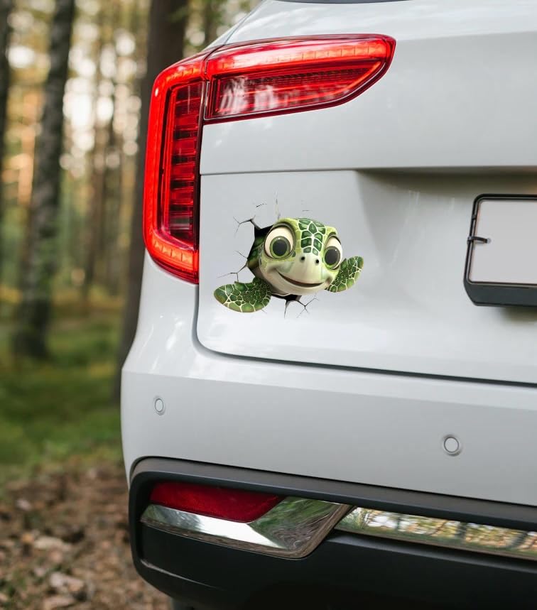MAKTEM Peeking Baby Sea Turtle for Car Sticker Decals, Cute 3D Cartoon Beach Ocean Animal, Funny Unique 3D Peeking Car Decals for Auto Bumper, Window, Auto Panel, 5x3in, 1PC(Turtle)