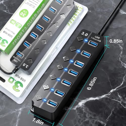 USB Hub 7 Port,USB 3.0 Hub Splitter with Individual On/Off LED Switches and Lights,USB Hub Compatible with MacBook,5Gbps HighSpeed Data for Laptop,Mac,PC,Desktop,PS5,Xbox and Flash Drive, Mobile HDD - style: USB 3.0