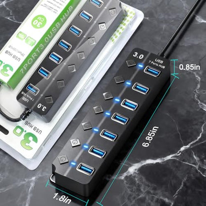 USB Hub 7 Port,USB 3.0 Hub Splitter with Individual On/Off LED Switches and Lights,USB Hub Compatible with MacBook,5Gbps HighSpeed Data for Laptop,Mac,PC,Desktop,PS5,Xbox and Flash Drive, Mobile HDD - style: USB 3.0