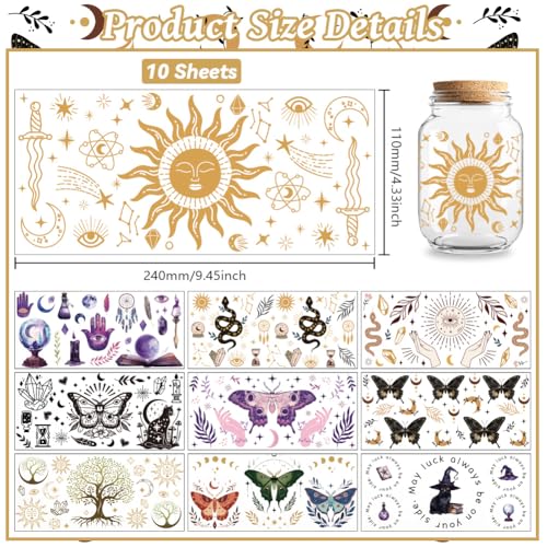 UV DTF Cup Wraps Transfer Stickers Bohemian Divination Pattern, 10 Sheets Waterproof Custom Vinyl Transfer Sticker 16oz Coffee Glass Cup Tumbler Bottle Mug Decals for Men Women | Waterproof UV DTF Stickers, Custom Vinyl Decals for 16oz Coffee Cups Tumbler