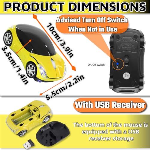 Yellow Wireless Mouse，1600DPI 2.4G with USB Reciver Car Mouse for Computer Wireless Computer Mouse Wireless Cute Wireless Mouse for Laptop Tablet for Mac OS Windows （Yellow） - color: Yellow