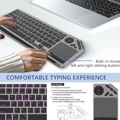 Tangxi Wireless Touch Keyboard with Touchpad, 7 Color Backlight Keyboard for TV PC Laptop Tablet, 2.4G Dual Mode, USB C Rapid Charging, 1000mAh Battery