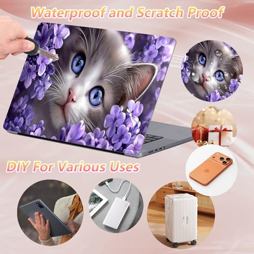 Laptop Skin Sticker Decal 12" 13" 13.3" 14" 15" 15.6",Waterproof Scratch Resistant Vinyl,Reusable Easy to Apply,for MacBook HP Dell Notebooks Netbooks Laptop,2 Wrist Pads,Cat Purple Flower - color: Cat Purple Flower