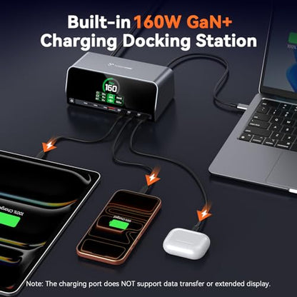TobenONE Docking Station Dual 4K Monitor for Windows, 160W GaN+ LCD Display | Laptop Dock with HDMI, PD 3.0, 10Gbps USB A/C, Real-time LCD Screen, 160W Smart Power Distribution, Compact for Office/Gaming