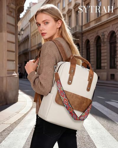 Leather Laptop Backpack 15.6 inch Womens Computer Bag Beige | 3-in-1 laptop purse: Dedicated 15.6" Compartment, 7-Pocket Organizer, Colorful Shoulder Strap, Work & Travel Ready - color: Beige Brown