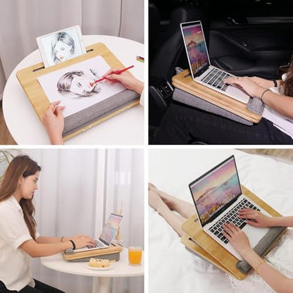 Adjustable Bamboo Lap Desk with Cushion - 5 Tilting Angles Ergonomic Laptop Bed Tray for Computers 15 inches or Less, Phone & Tablet Holder Slot, Dual Bolster for Comfort on Couch, Bed, Sofa & Car - size: 12.6" x 16.8" Angle Adjust