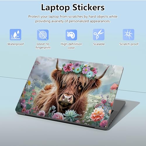 Universal Laptop Skin Sticker with 2 Wrist Pad Skins, Waterproof Scratch Resistant Vinyl Laptop Cover Decal, Cut to Fit for 11–15.6 Inch MacBook HP Dell Lenovo, Flowers Highland Cattle - color: Flowers Highland Cattle