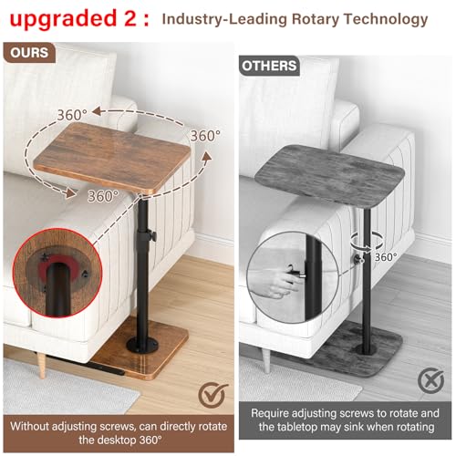 C Table End Table Adjustable Height, 360°Swivel TV Tray Table, Upgraded Metal and Wooden Base to Prevent Slipping, Couch Armrest Table Snack Tables for Laptop Sofa Bed Dinner or Small Space(Brown）