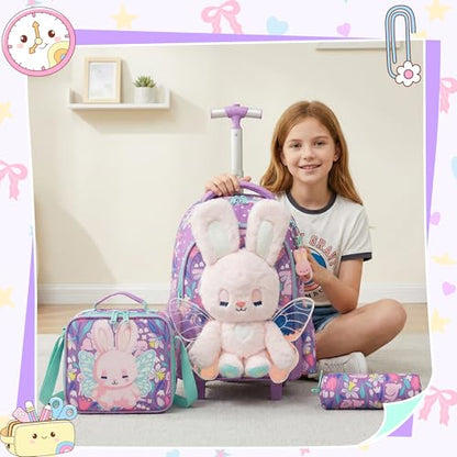 Meetbelify Rolling Backpack for Girls Backpacks with Wheels for Elementary Student Kids School Travel Bag for Girls Ages 6-8 Years Old - color: Purple Rabbit