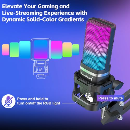 ZealSound Microphone for PC, USB Condenser Gaming Mic with Noise Reduction, Gain Control, Mute, Zero-Latency Monitoring, RGB Lighting, Boom Arm & Tripod Stand for Mac iPhone Android Podcasting TikTok