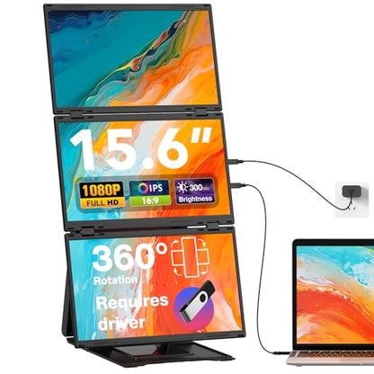 Quad Laptop Screen Extender, 15.6" FHD 1080P Quad Monitor, Combine into One 30" Screen (Landscape/Portrait), Just 1 Cable for 3 Screens, Driver Required, Compatible with Wins & Mac - size: 15.6-Q