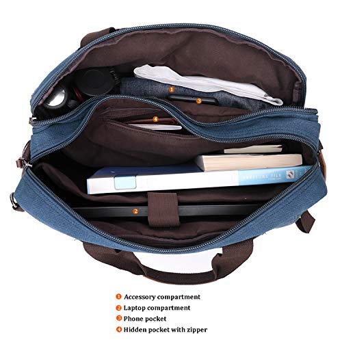 CROCOD 3 In 1 Canvas Convertible Laptop Bag for Men Women, 17.3 inch Laptop Messenger Bag Work Briefcase, Computer Shoulder Bag for Travel Business Office (17.3 Inch, Blue) | 3 In 1 - color: Blue